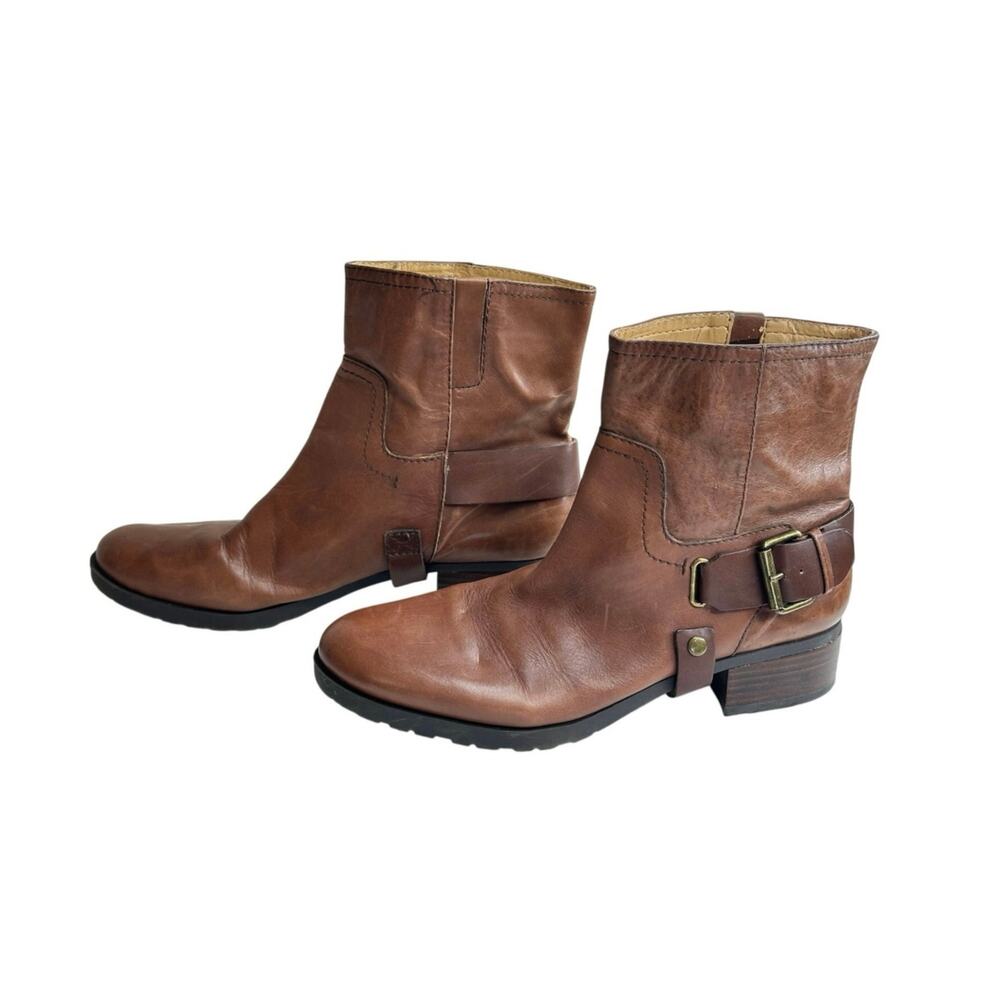 Nine West Boots Women 10 Tan Leather Ankle Buckle Western Low Block Heel Booties